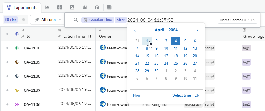 Filter input box and selection menu for date and time