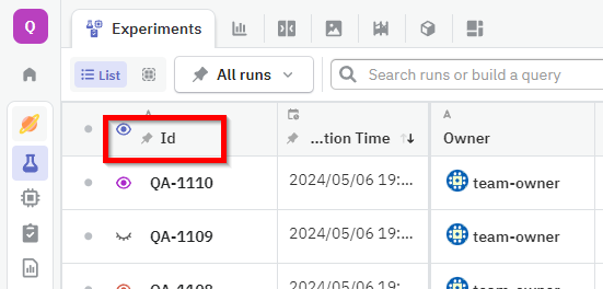 Location of ID column in the experiments table of the Neptune web app