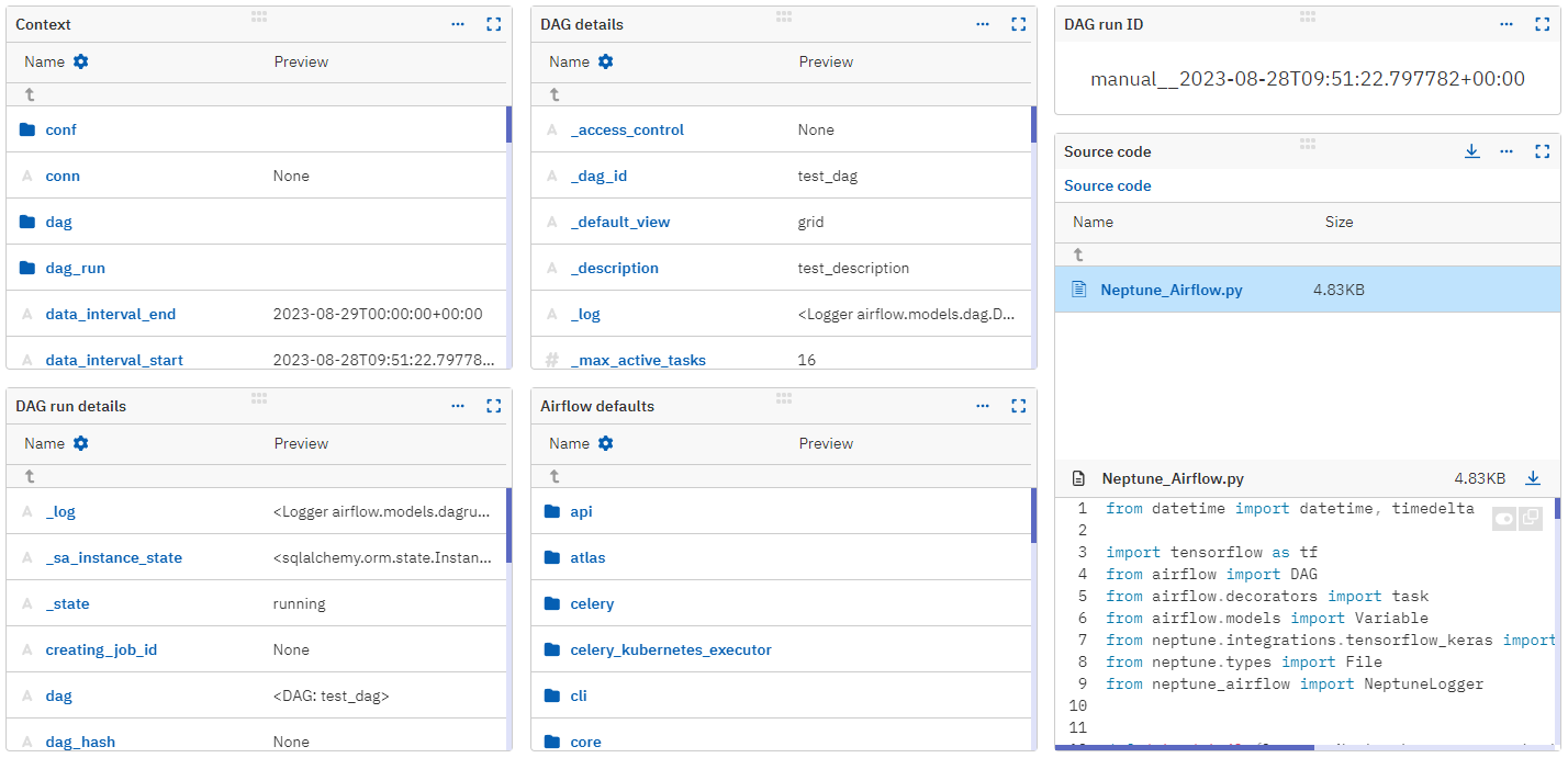 Metadata logged with Airflow displayed in the Neptune web app