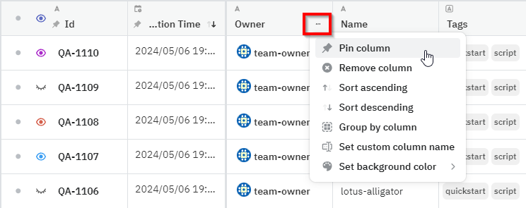 Pinning a column in the experiments table