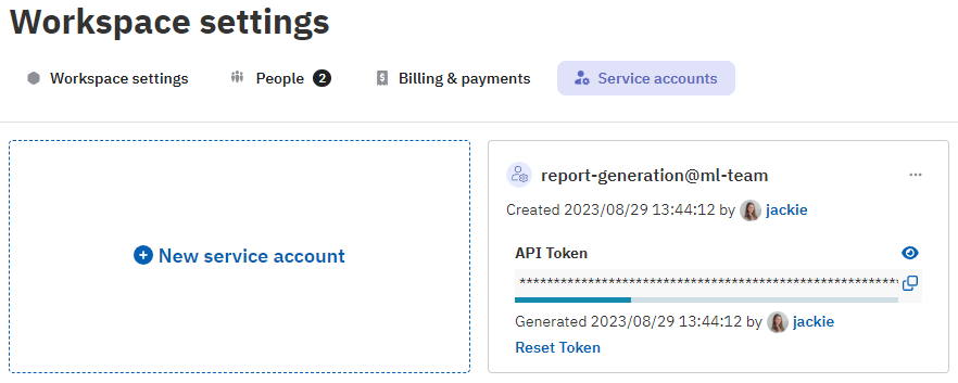 Service accounts in Neptune workspace settings