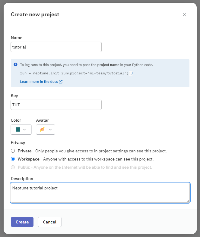 Creating a new project in Neptune